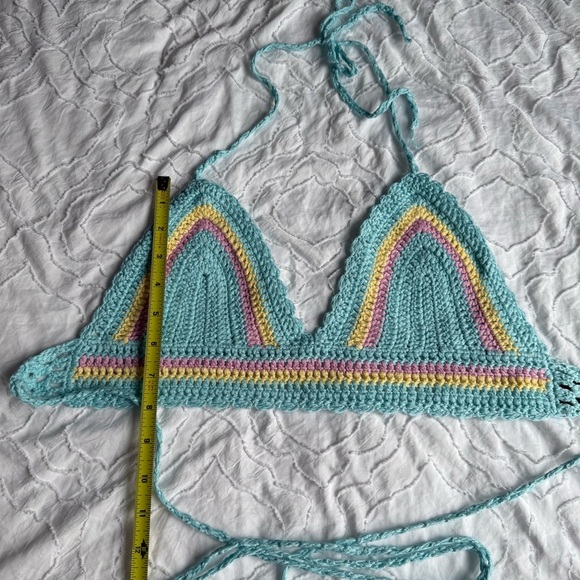 Shein Colorful Rainbow Blue Pink Yellow Crochet Bikini Crop Top Wrap Tie - Picture 3 of 4